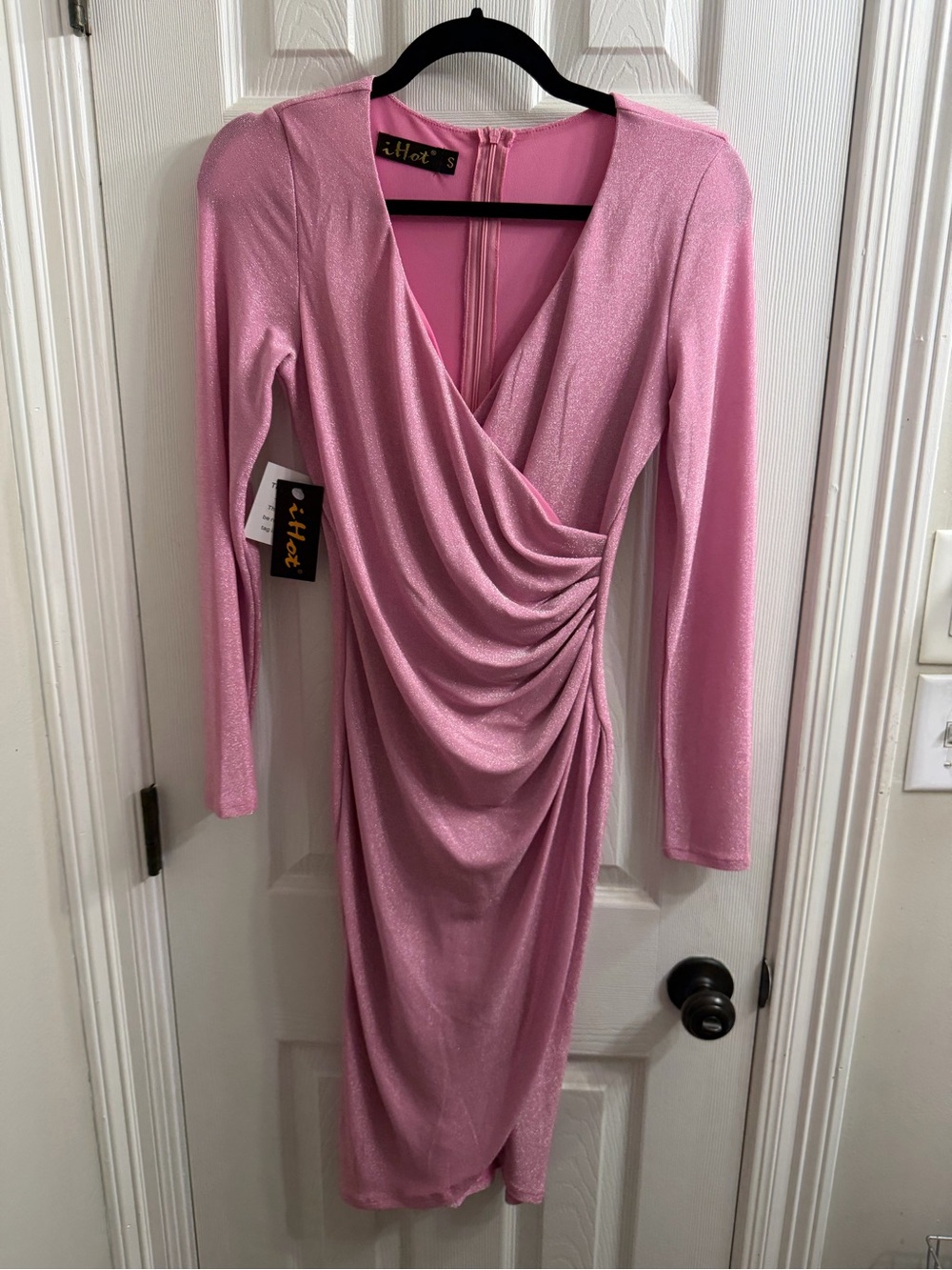 iHot Pink Draped Long-Sleeve Midi Dress